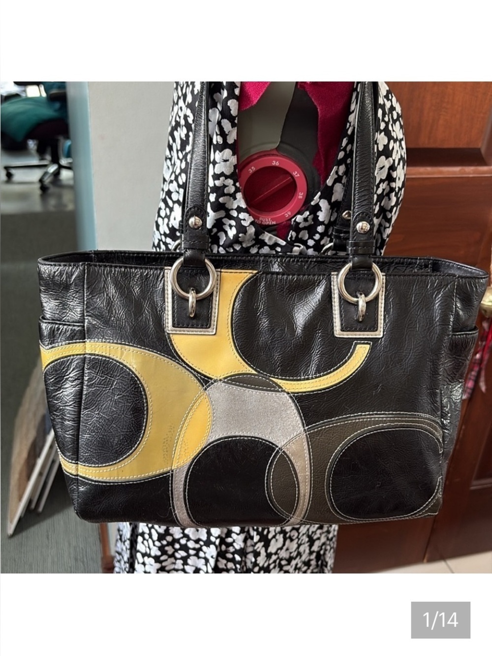 Coach Shoulder bag patent & suede leather inlaid C design black yellow gray EUC
